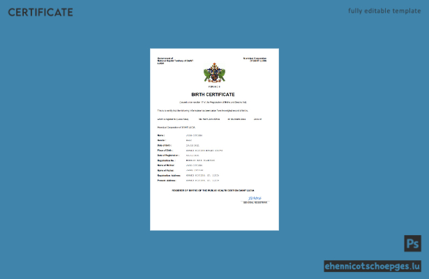 Geburtsurkunde von St. Lucia – Beispielansicht als Word- und PDF-Datei